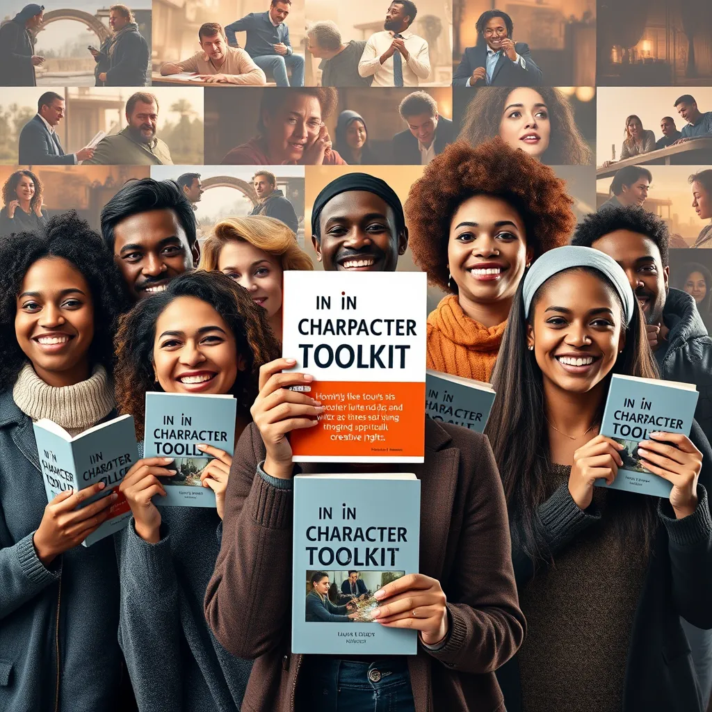 A collage of diverse writers from different backgrounds, each holding a copy of the In Character Toolkit book or app, smiling and expressing their satisfaction with the tool. The background should be a montage of scenes from various stories, showcasing the impact of the toolkit on creative writing.