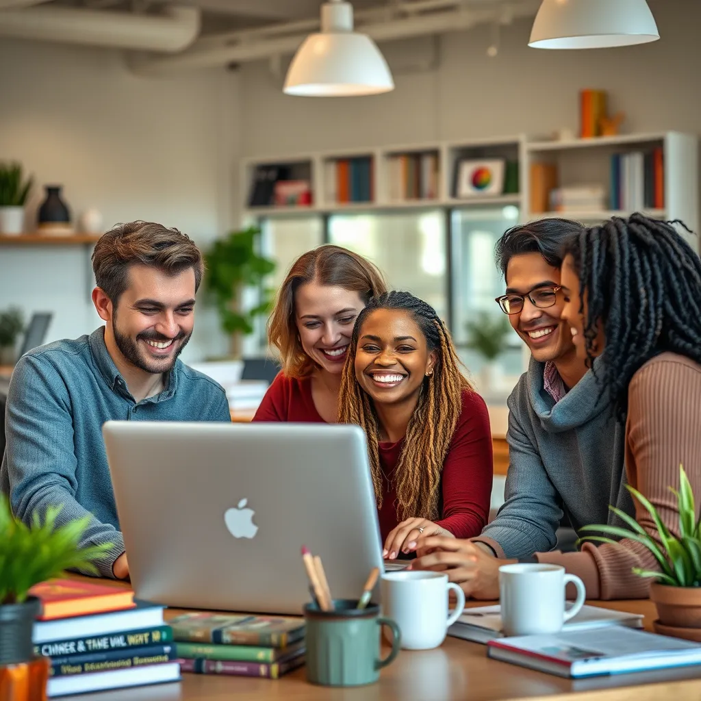 A diverse group of people, all writers, smiling and working together on a laptop in a bright, modern office. They are surrounded by books, coffee mugs, and plants. The image should convey creativity, collaboration, and a welcoming atmosphere.