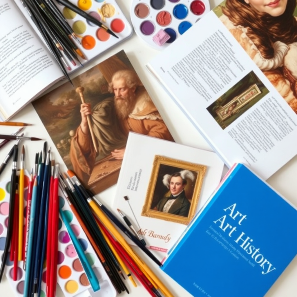 Art supplies and books for an art history homeschool unit
