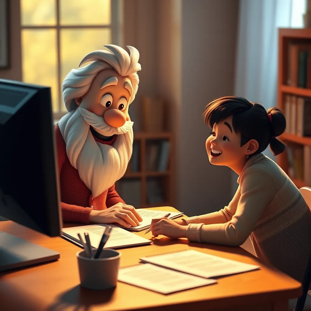 A friendly, animated character, resembling a wise mentor, sitting across from a writer at a desk. The character is pointing to a computer screen displaying a writing document with highlighted suggestions and feedback. The writer is smiling, engaged in the learning process. The scene is bathed in warm, inviting light, representing a supportive and encouraging environment.