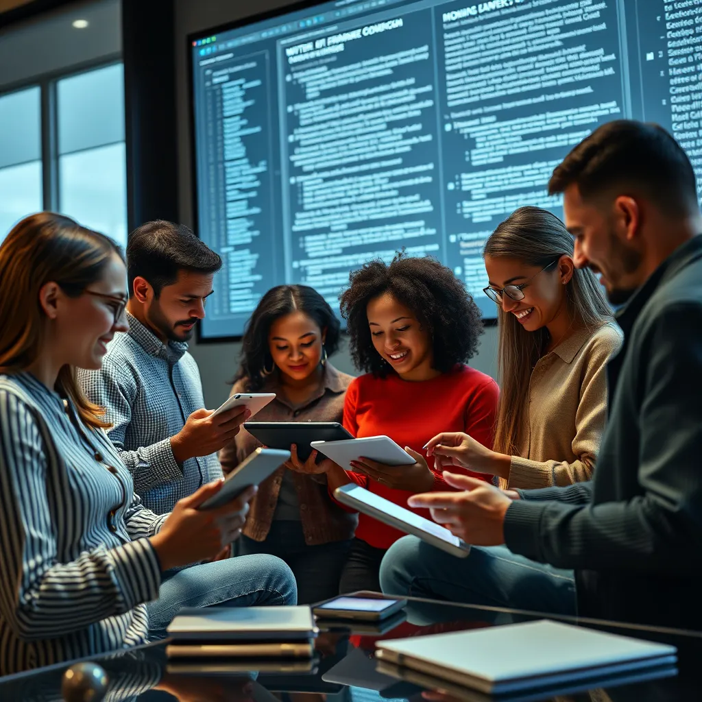 A group of diverse writers working together on a project, using a digital platform on a large screen. They are interacting with each other, using tablets and laptops to contribute ideas and edits. The image should convey a sense of teamwork and effective communication.