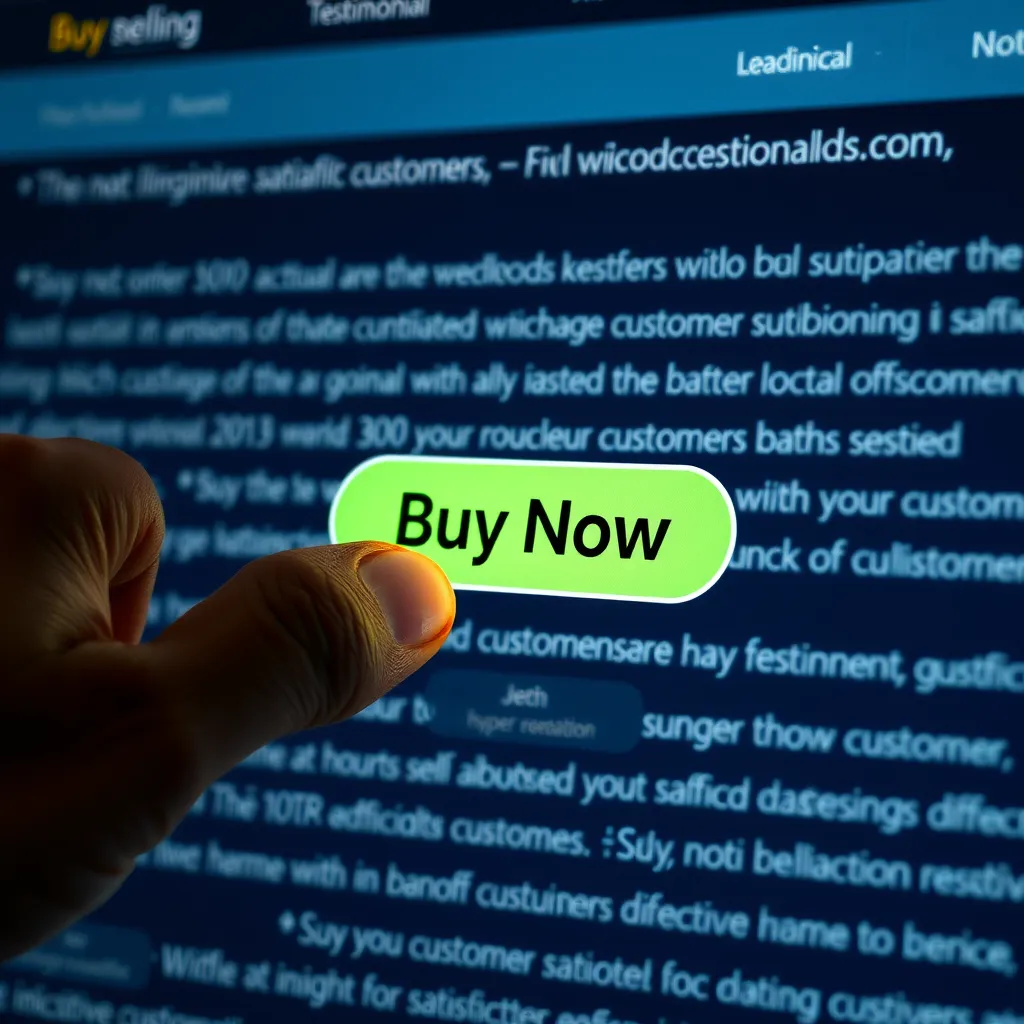 A hand clicking on a 'Buy Now' button on a website. The background is a blurred image of a testimonial section filled with positive feedback from satisfied customers.