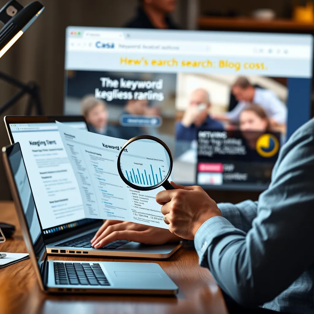A person sitting at a desk with a laptop, using a magnifying glass to examine a keyword analysis report, with a website open in the background showing a blog post with high search ranking