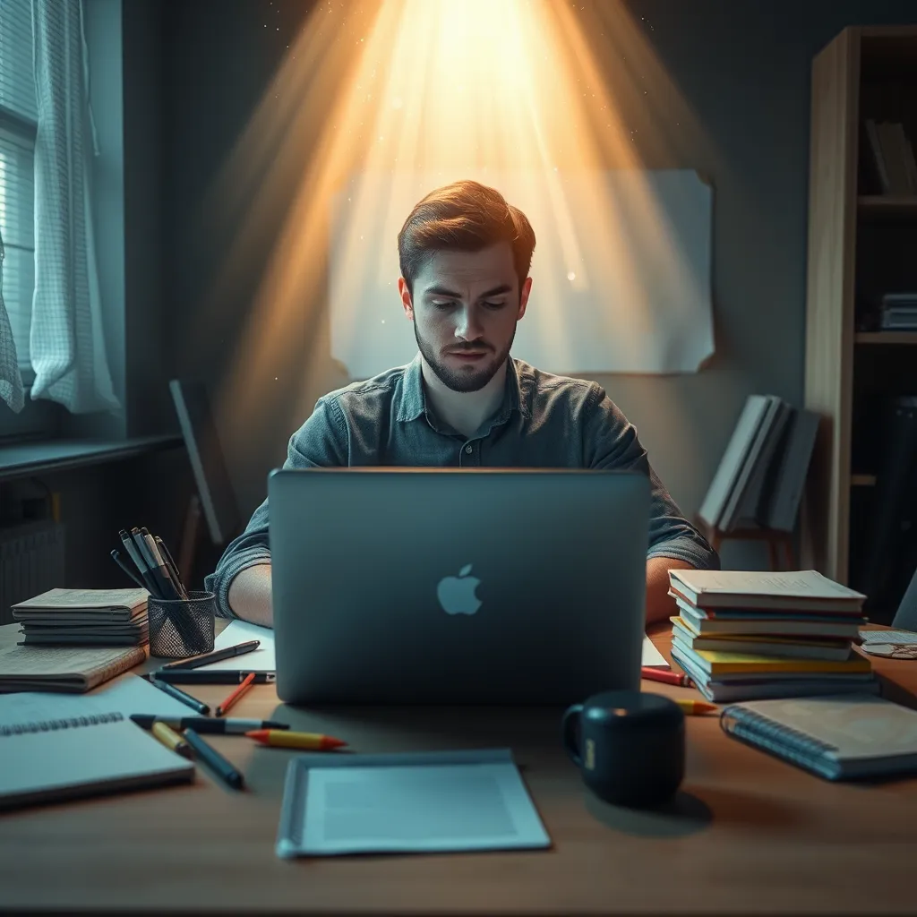 A person sitting at a desk with a laptop, surrounded by various writing tools like pens, notebooks, and sticky notes, while a glowing, ethereal light beams down from above, representing the knowledge and skills gained through writing education.