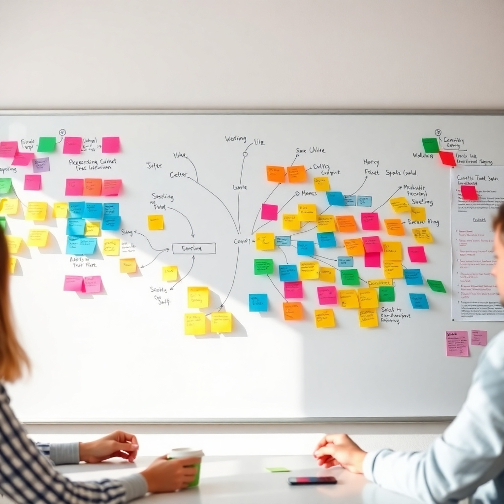 A photorealistic image of a brainstorming session with a whiteboard covered in colorful sticky notes and mind maps. The scene should be bright and energetic, conveying a sense of creative inspiration and collaboration.