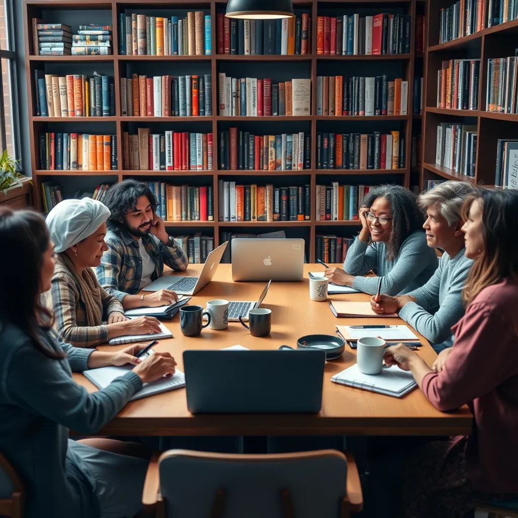 A photorealistic image of a diverse group of writers sitting around a table, engaged in a lively discussion. The table is adorned with laptops, notebooks, and coffee mugs. They are surrounded by bookshelves filled with novels and writing guides, highlighting the vibrant writing community.