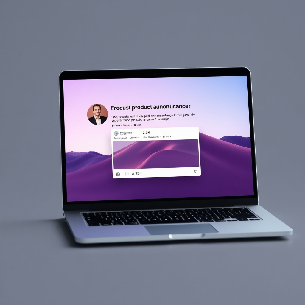 A photorealistic image of a laptop displaying a successful product launch announcement on a social media platform, with positive comments and high engagement metrics.