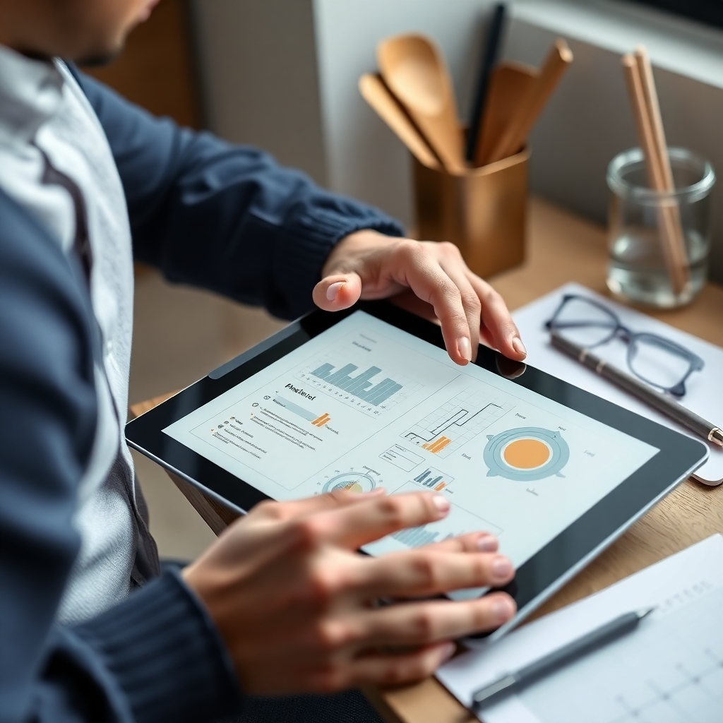 A photorealistic image of a person creating a detailed product plan using a digital tablet and stylish stationery.