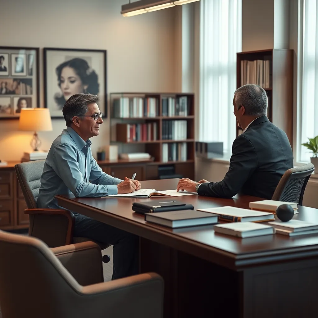 A professional office setting with a writer seated across from an editor at a large desk. The editor is reviewing a manuscript, offering feedback and suggestions. The image should convey a sense of trust, collaboration, and expertise in the publishing process.