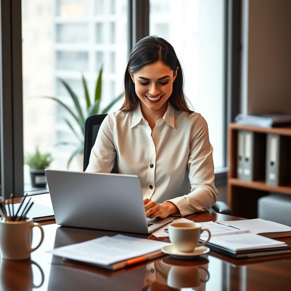 A professional woman sitting at a desk, looking at a laptop screen with a smile. She is surrounded by papers and notebooks, and a cup of coffee is on the desk. The image should convey attentiveness, dedication, and a commitment to client satisfaction.