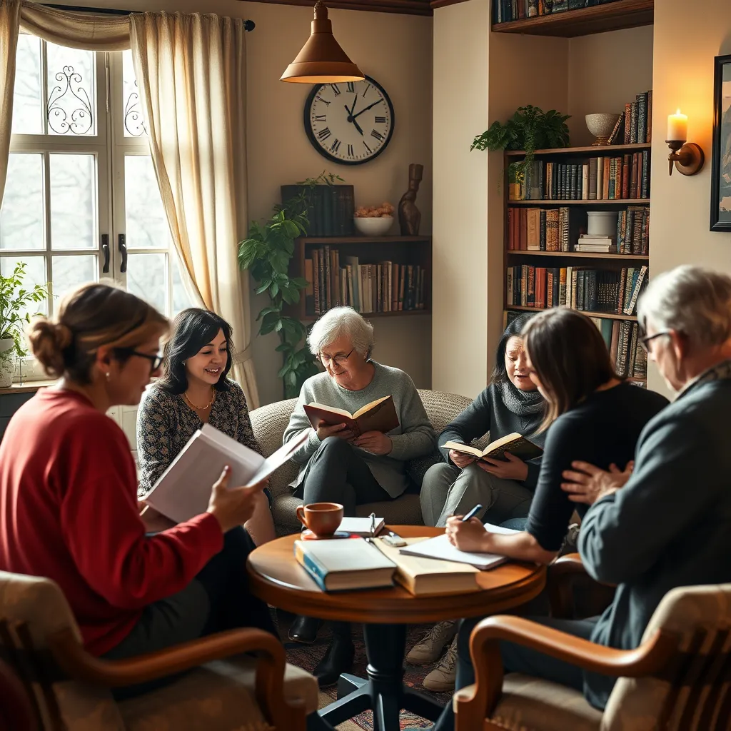 A scene of writers gathered in a cozy and welcoming space, engaging in lively discussion and sharing their work. The image should highlight the camaraderie and supportive atmosphere of the writing community.