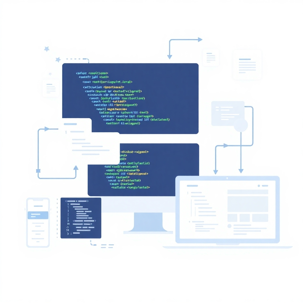 A stylized image of a digital product undergoing development, showing coding lines, design mockups, and user interface elements, showcasing a dynamic process.