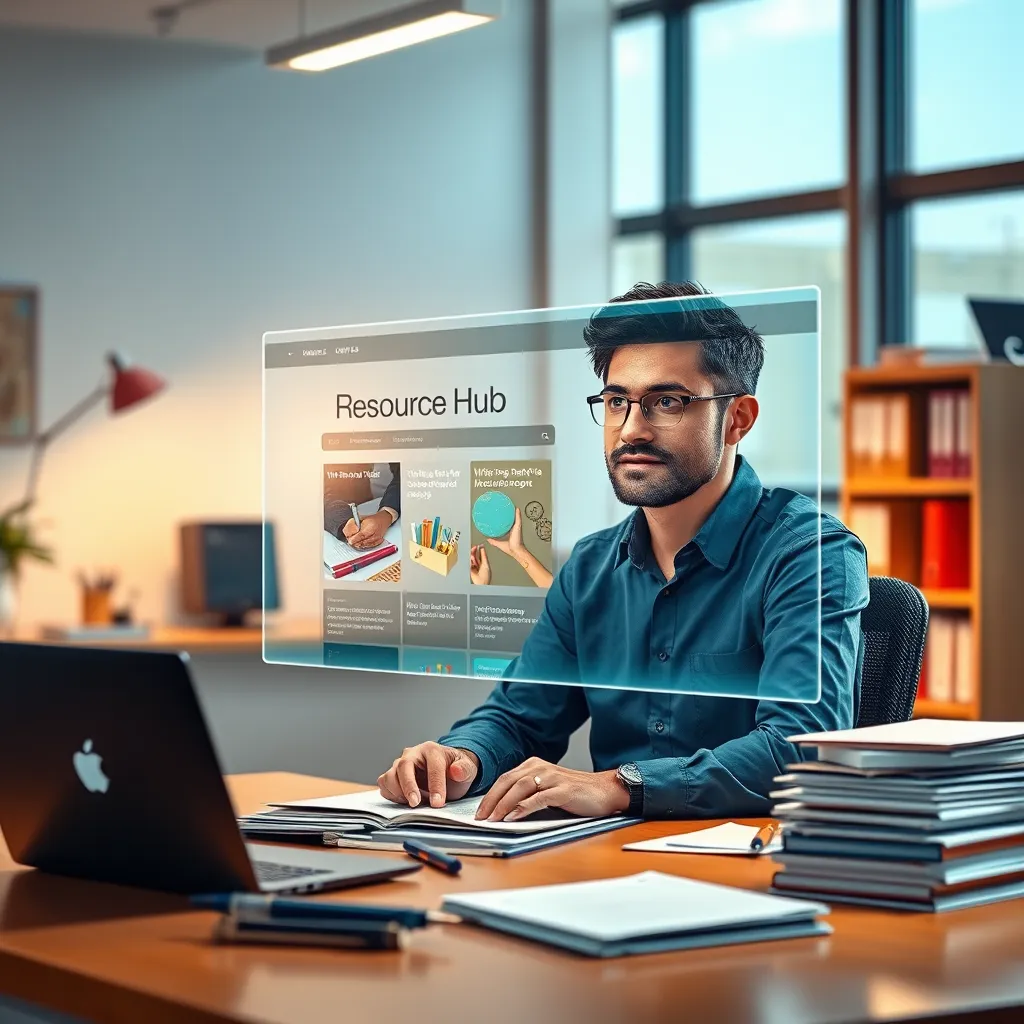 A stylized image of a writer sitting at a desk in a brightly lit, modern office. They are surrounded by writing tools, a laptop, and stacks of paper. A holographic screen displaying the Resource Hub website is floating in front of them, showing a variety of writing articles and resources. The writer has a thoughtful expression on their face as they study the screen. 