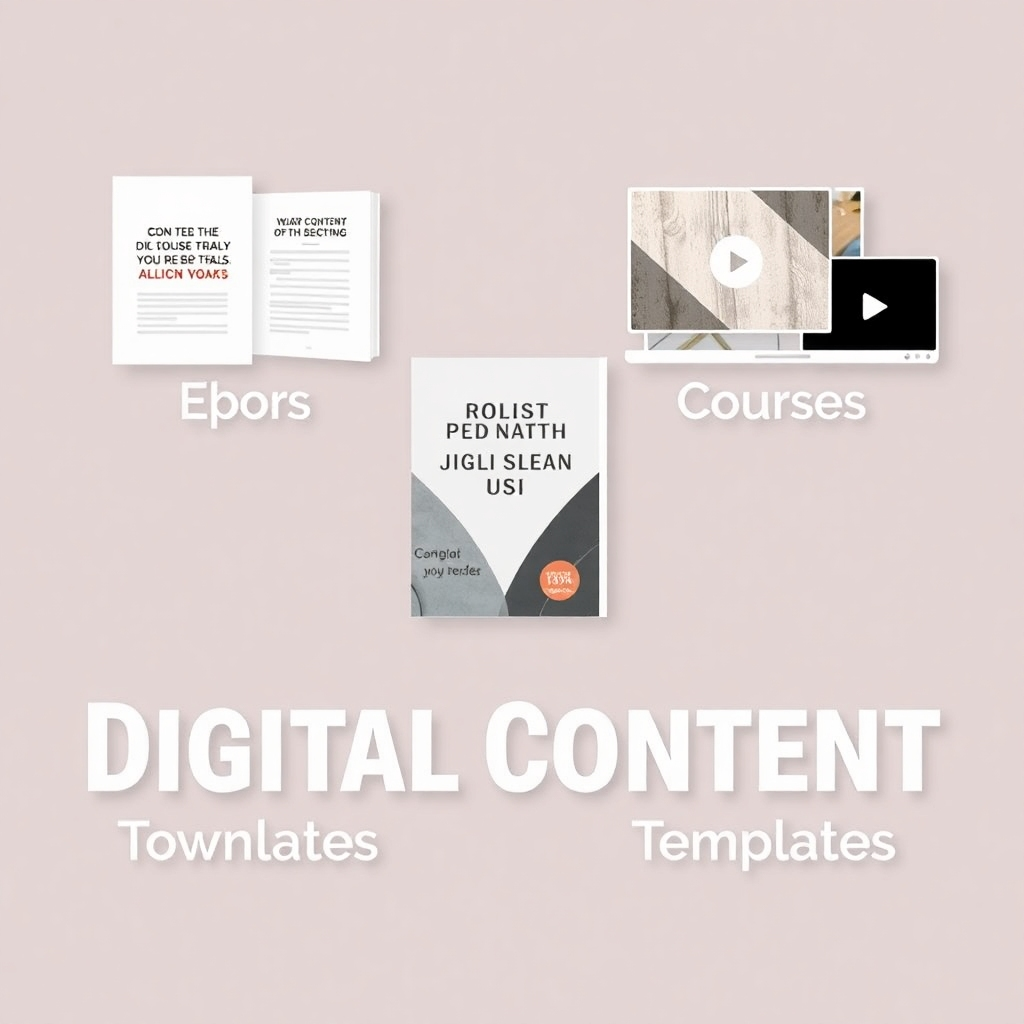 A stylized image showcasing a variety of digital content formats, including ebooks, videos, online courses, and downloadable templates.