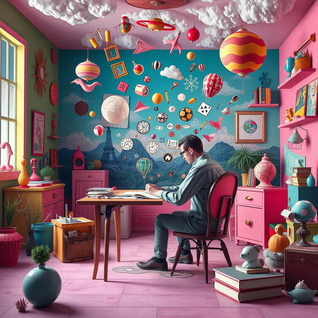 A surreal, dreamlike image of a writer sitting at a desk in a brightly colored room filled with whimsical objects and surreal landscapes. The writer is surrounded by floating ideas and symbols that are emerging from the notebook, representing the creative flow and inspiration.