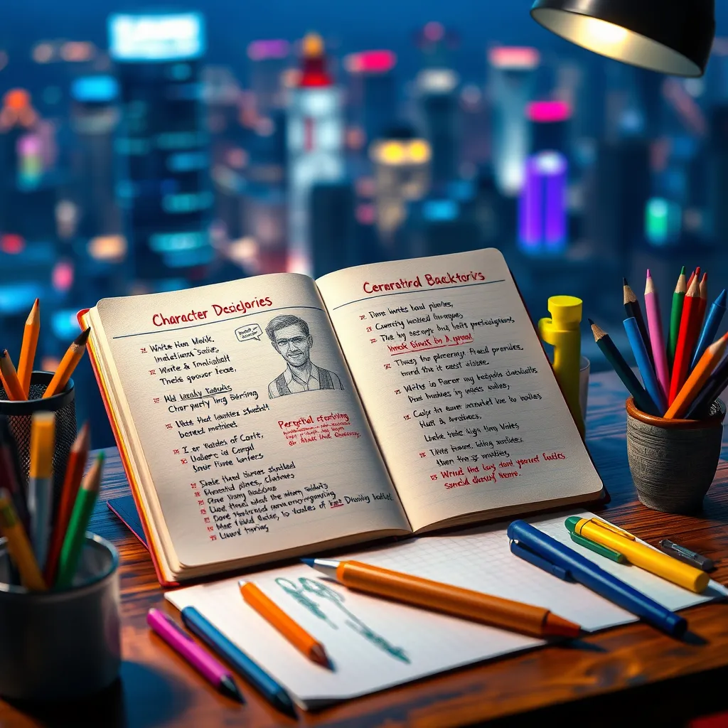 A vibrant, colorful image of a writer's desk, with a notebook open and filled with character sketches and personality traits, surrounded by writing tools like pens, pencils, and highlighters. The background is a blurred cityscape, symbolizing the richness and diversity of potential character backstories.