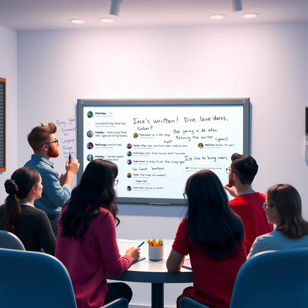 A vibrant, online community space with avatars of writers collaborating on a digital whiteboard.  They are writing, brainstorming, and sharing ideas, with a chat window filled with comments and feedback. The platform interface is clean and intuitive, encouraging easy communication and collaboration. The overall mood is lively, dynamic, and supportive.