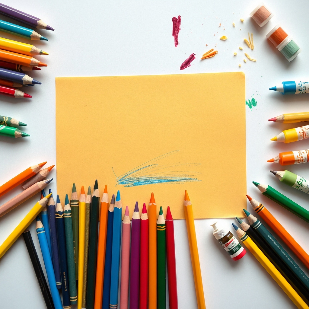 Colorful art supplies and child's drawing