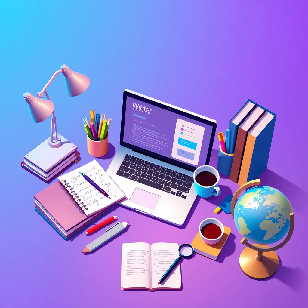 A vibrant illustration showcasing a writer's desk with various tools arranged in a circular flow: a laptop with a writing software interface, a notepad with handwritten notes, a stack of books, a cup of coffee, a colorful pen holder, a magnifying glass, and a small globe representing global reach. The background is a soft gradient of blue and purple, symbolizing creativity and inspiration.