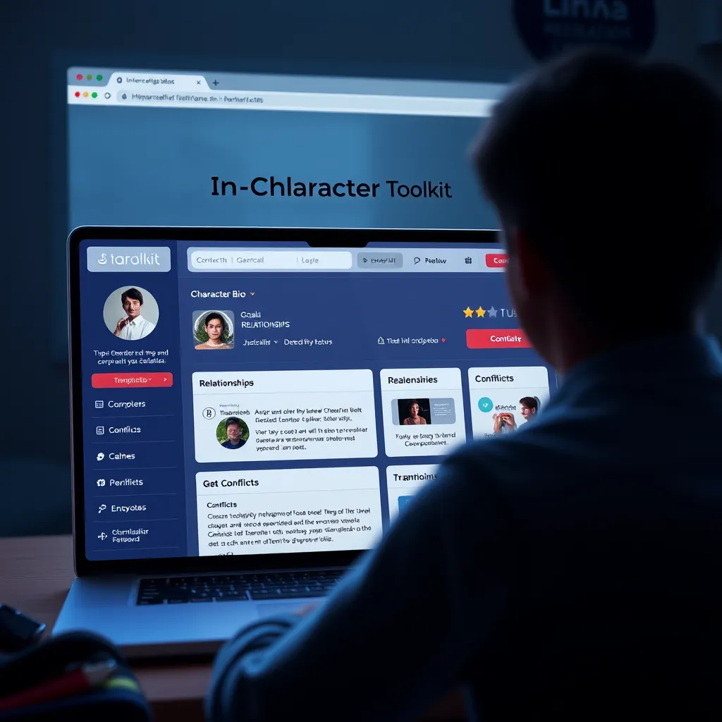 A visual representation of the In Character Toolkit website or app interface. The interface should be user-friendly and intuitive, featuring sections for character bio, relationships, goals, and conflicts. The image should focus on the ease of navigation and the organized layout of the toolkit.