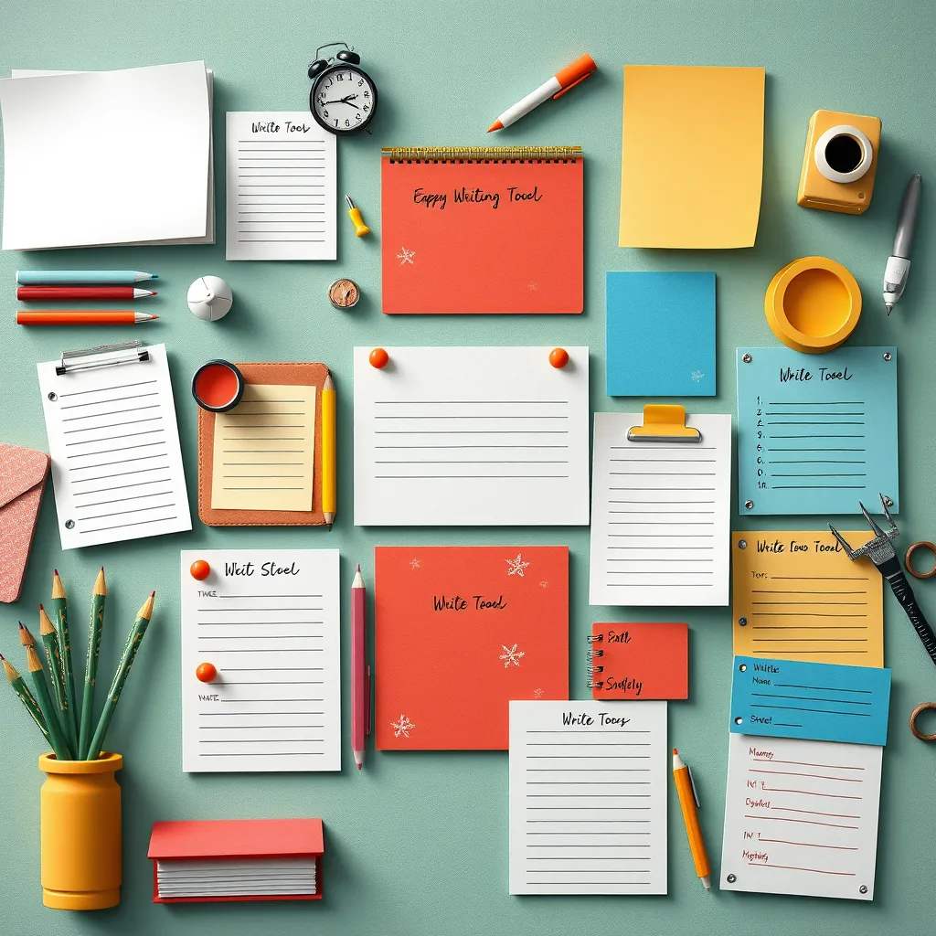 A visually engaging image showcasing a variety of writing tools, templates, and prompts. The image should be creative and inspiring, conveying the idea of unlocking writer's potential.