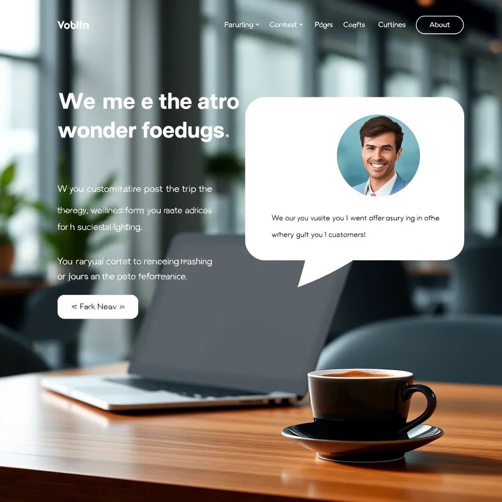 A website landing page with a testimonial section. The testimonial is in a quote bubble with a smiling customer's photo. The background is a modern office with a laptop and a cup of coffee.