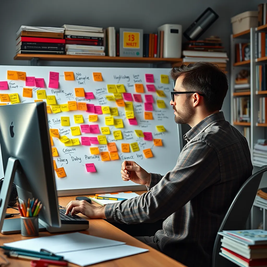A writer sitting at a desk with a computer, brainstorming ideas on a whiteboard. The whiteboard is filled with colorful sticky notes with words and phrases. The writer is holding a pen, looking at the screen with a thoughtful expression. The room is filled with books and art supplies, creating a creative atmosphere.
