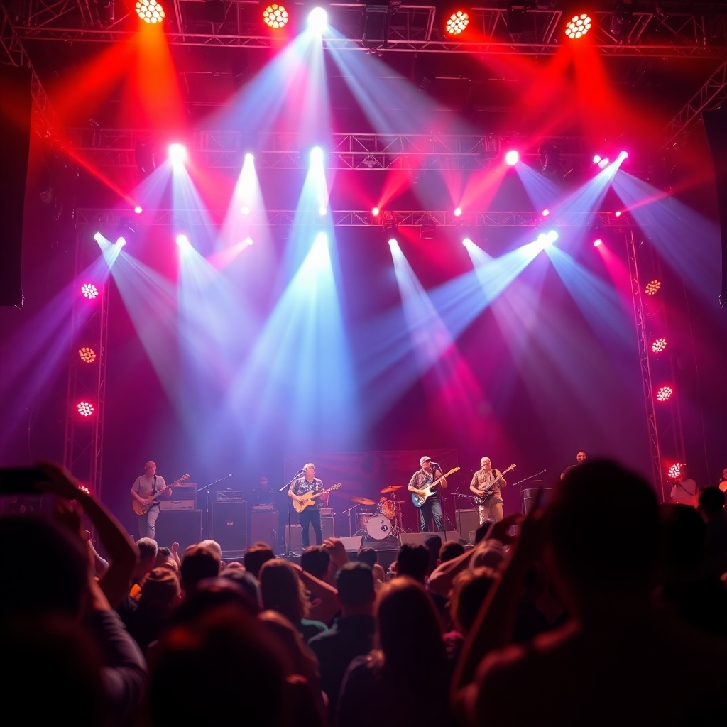 A close-up shot of a concert stage during a performance. The stage is brightly illuminated with dynamic spotlights, showcasing a band playing to a lively crowd. Focus on the intricate detail of the lighting setup, with multiple spotlights casting beams of colored light across the stage. The musicians are energized and engaging, their instruments and vocals perfectly amplified. Capture the atmosphere of the event, showcasing the seamless coordination of sound, lighting, and stage design. Render in a photorealistic style with sharp details and vibrant colors, emphasizing the dynamic energy of the performance.
