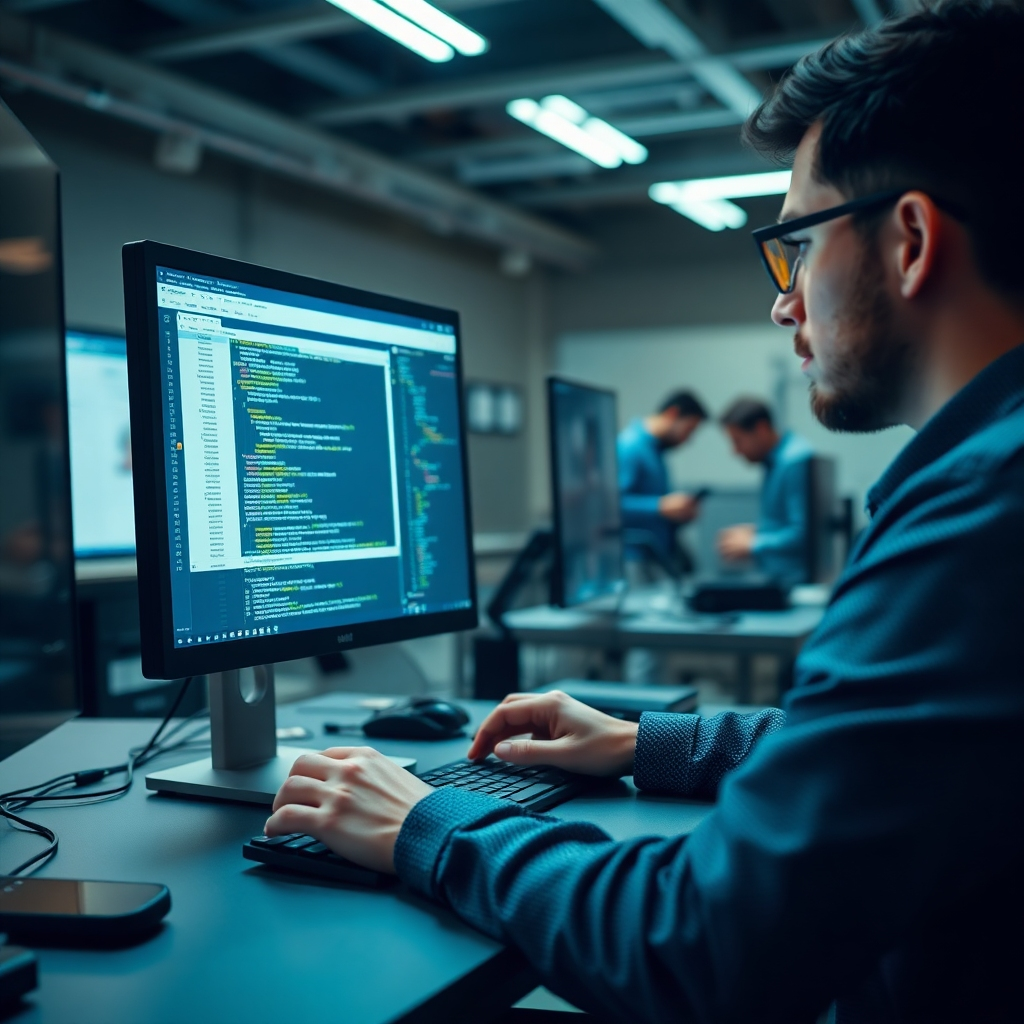 A developer working on a computer, coding a custom software application with clean and efficient code. The screen displays a dynamic user interface of the software, showcasing its intuitive design and functionality. In the background, a team of developers collaborates on the project, highlighting the collaborative nature of software development. The image should emphasize the creation of a unique and tailored solution that addresses specific business needs.