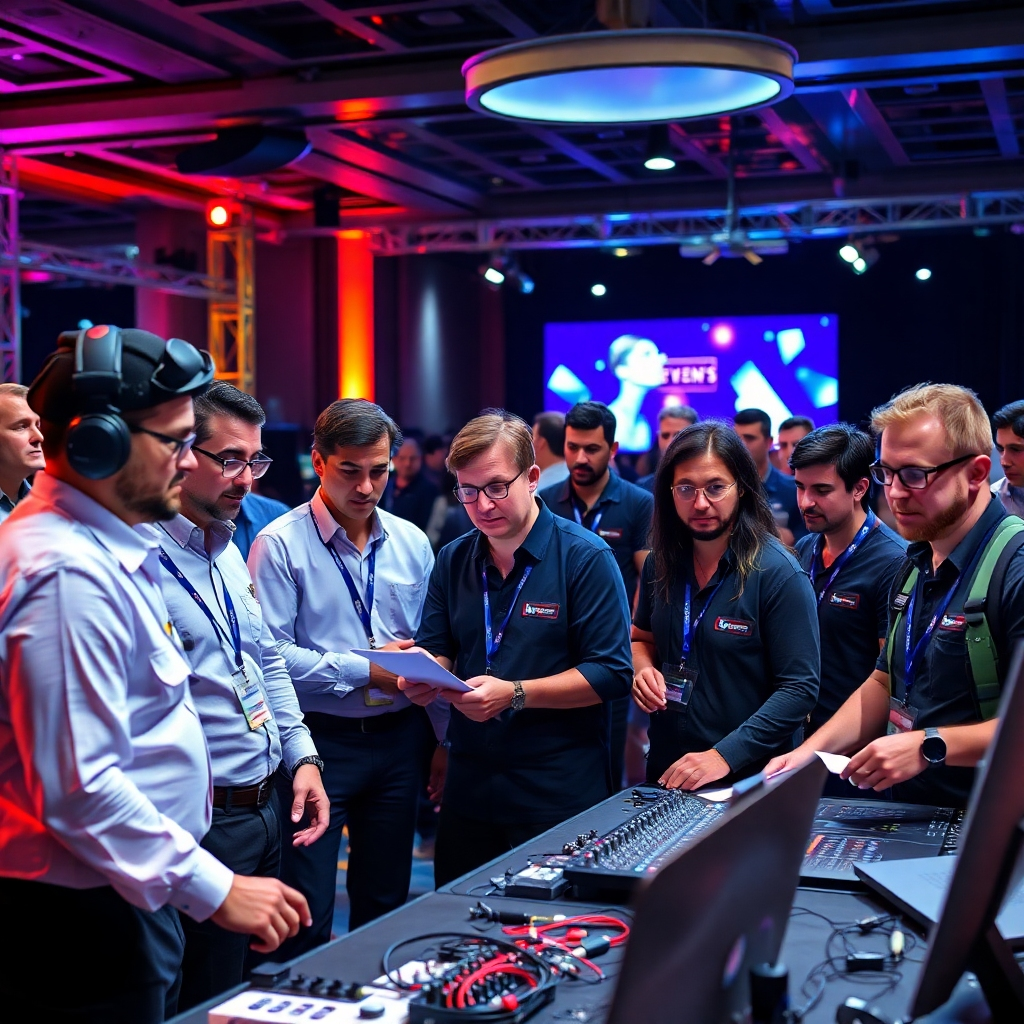 A diverse group of event professionals, including planners, designers, technicians, and coordinators, are working together at an event venue. The image should capture a sense of energy, teamwork, and expertise, showcasing the dedication of Impact Events' team.