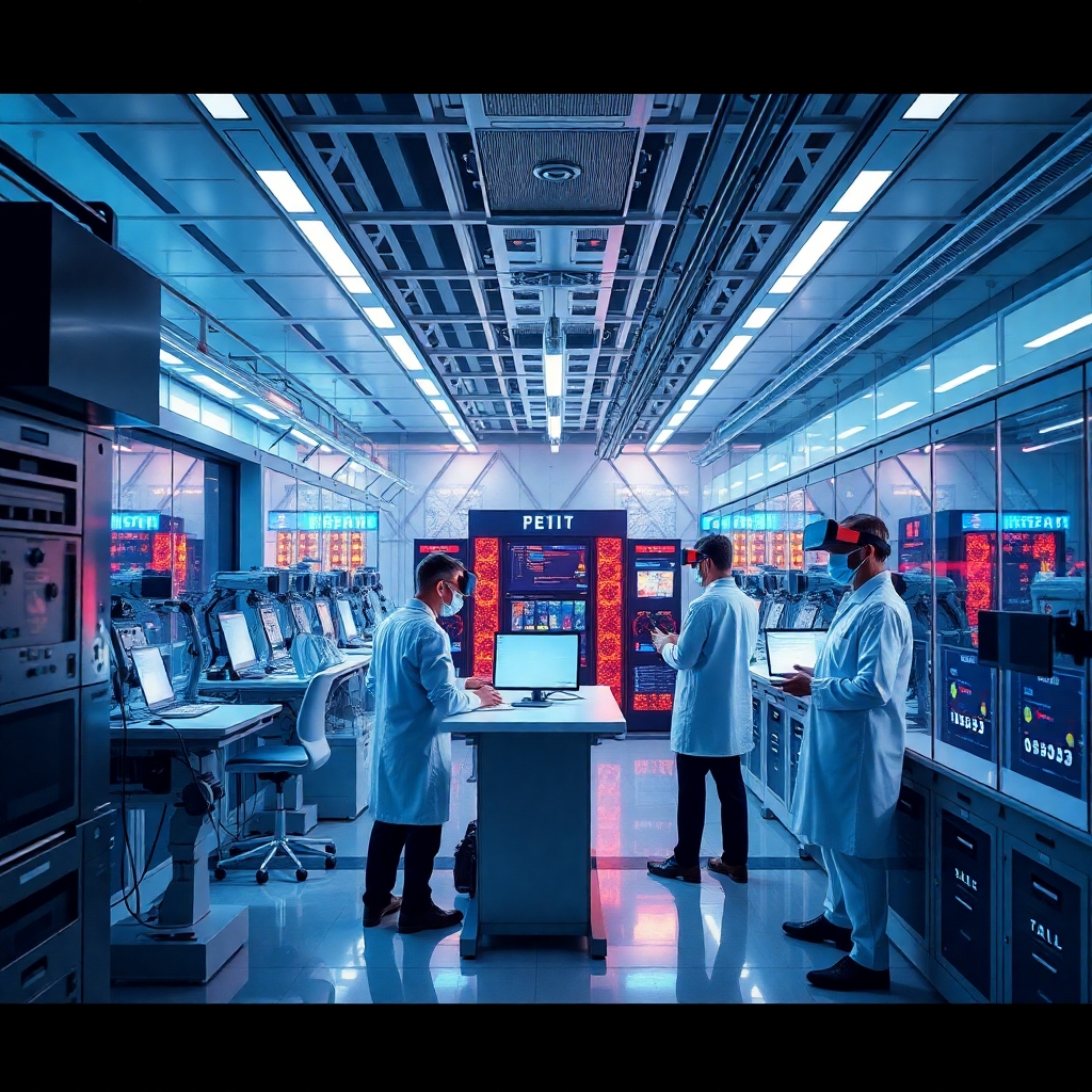 A futuristic, clean-lined laboratory setting with a team of scientists and data engineers working on a complex AI project. They are surrounded by advanced technology, including powerful servers, robotics, and VR headsets. The lighting is a mix of soft ambient light and concentrated beams illuminating key areas of the lab. The color palette is a blend of futuristic blues and metallic silver, representing the cutting-edge nature of AI and ML. The camera angle is wide, showcasing the vastness of the lab and the interconnectedness of different technologies. The image is rendered in ultra-high quality, capturing the intricate details of the technology, the scientists' clothing, and the futuristic design elements of the laboratory. The overall mood is one of excitement and discovery, reflecting the potential of AI and ML to shape the future of business.