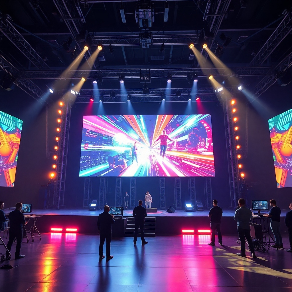 A futuristic, high-tech scene featuring a large LED screen displaying dynamic visuals, a stage with advanced lighting, and a team of event technicians working behind the scenes, ensuring flawless execution. The image should highlight the integration of technology and its impact on creating a modern and engaging event experience.