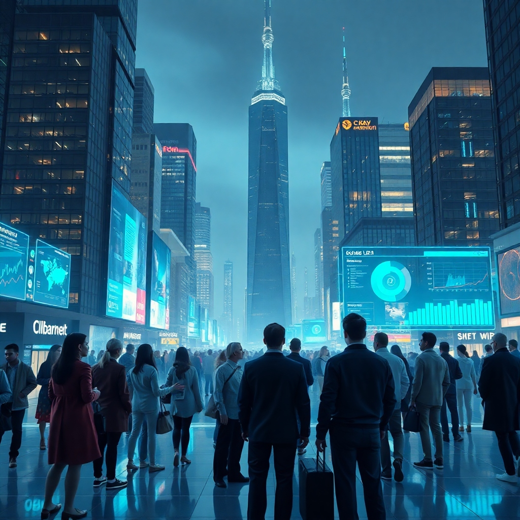 A futuristic cityscape with holographic displays showing data visualizations and AI-powered applications. In the foreground, a diverse group of people are interacting with these technologies, showcasing their potential for business transformation.