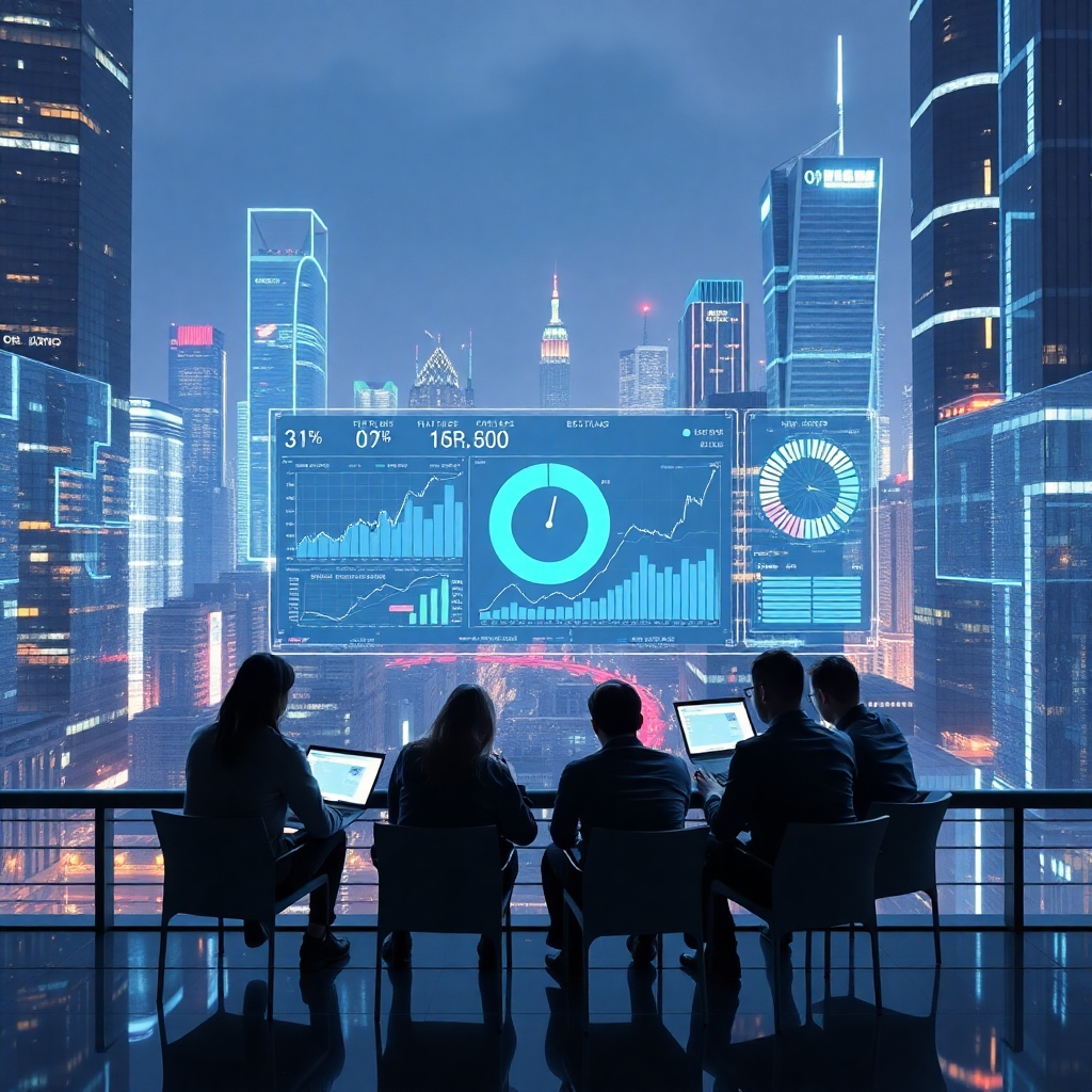 A futuristic cityscape with holographic projections showing data visualizations and charts. A team of people with laptops are collaborating around a large screen, with a focus on the AI-powered analysis and predictions.