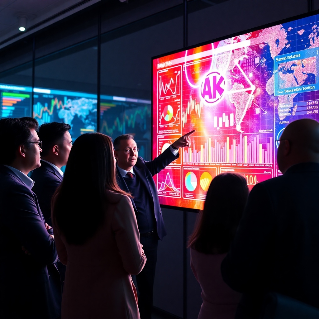 A group of business professionals gathered around a large screen displaying complex data visualizations. The screen is glowing with vibrant colors and dynamic charts, representing the power of AI & ML in data analysis. The professionals are engaged in a discussion, pointing at the screen and exchanging ideas, highlighting the collaborative nature of data-driven decision making.