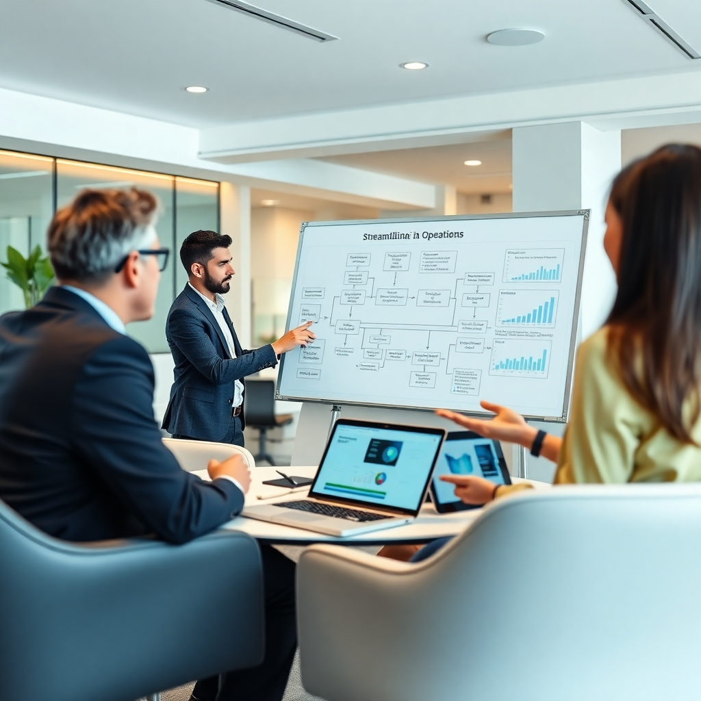 A modern office setting with sleek furniture and a team of professionals working collaboratively. One person is using a digital whiteboard to illustrate a complex process flow, highlighting the steps involved in streamlining operations. Another person is presenting data on a laptop, showcasing the impact of efficiency improvements on key performance indicators. The overall scene should convey a sense of focus, clarity, and progress in optimizing business processes.