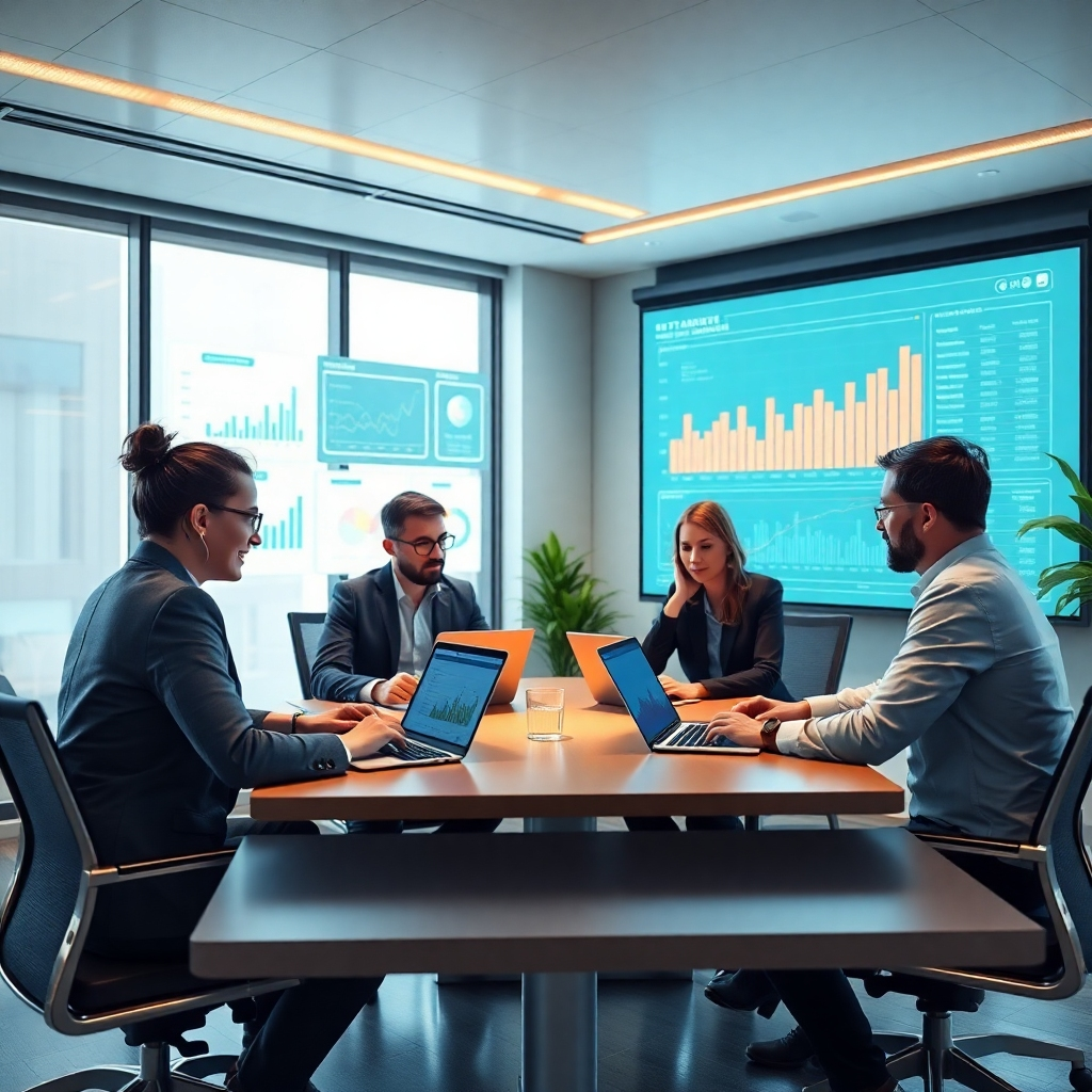 A modern office with a team of IT consultants collaborating around a table, using laptops and a large screen displaying data and charts. The scene should exude a sense of professional collaboration and technological advancement.