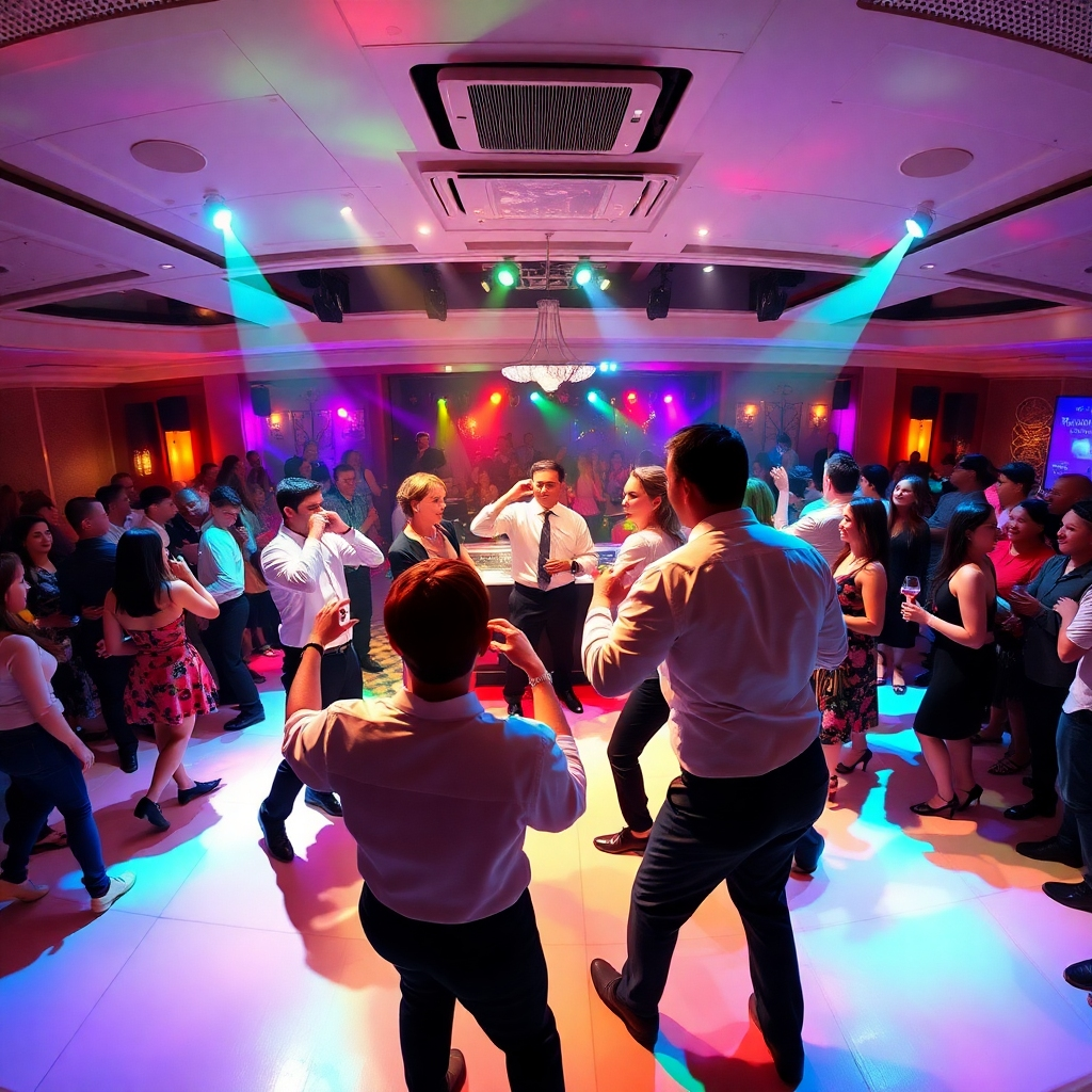 A panoramic view of a bustling party with diverse entertainment options. The scene should feature a lively dance floor with professional dancers performing an energetic routine.  In the background, a talented magician interacts with guests, creating an air of intrigue and wonder.  A group of friendly and professional waitstaff move gracefully through the crowd, ensuring seamless service and catering.  Capture the energy and excitement of the event, with a focus on the dynamic interaction between performers, guests, and staff. Render in a vibrant, photorealistic style, highlighting the lively atmosphere and showcasing the diversity of the entertainment options.