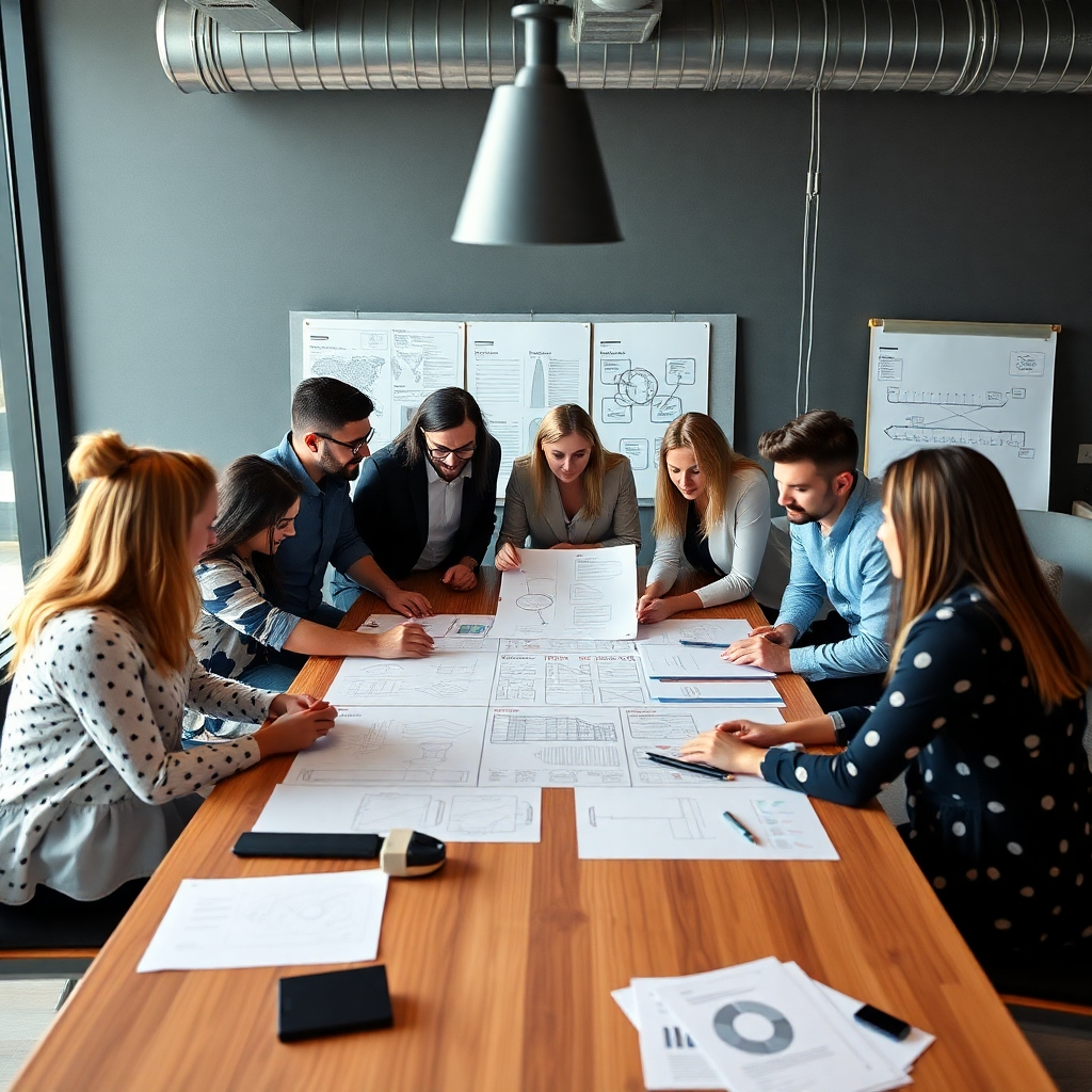 A professional, modern image of a diverse team of event planners collaborating and brainstorming around a large table, surrounded by visual aids like sketches, mood boards, and event timelines. They are working together to create a custom event plan, showcasing their expertise and attention to detail.