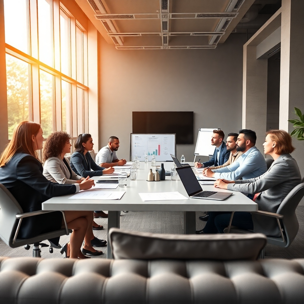 A professional meeting room with a diverse group of business leaders and consultants engaged in a lively discussion around a large conference table. The room is spacious and modern, with large windows offering natural light. The lighting is warm and inviting, creating a comfortable and collaborative environment. The color palette is a combination of neutral grays and warm browns, representing sophistication and stability. The camera angle is slightly below the table, capturing the dynamic energy of the meeting and highlighting the participants' engagement. The scene is filled with props that represent the core values of management consulting, such as whiteboards, charts, and data visualizations. The image is rendered in hyperrealistic detail, capturing the textures and materials of the furniture, the participants' clothing, and the surrounding environment. The overall mood is one of confidence and collaboration, reflecting Ayize LLC's ability to drive organizational growth and success.