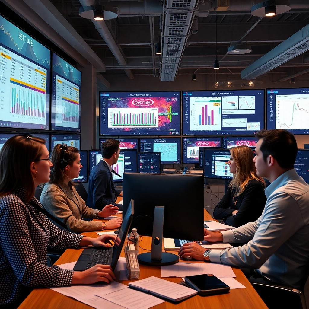 A team of event planners working together in a modern office, surrounded by screens displaying event timelines, budgets, and floor plans. The atmosphere is professional and collaborative, highlighting the meticulous planning involved in event management.