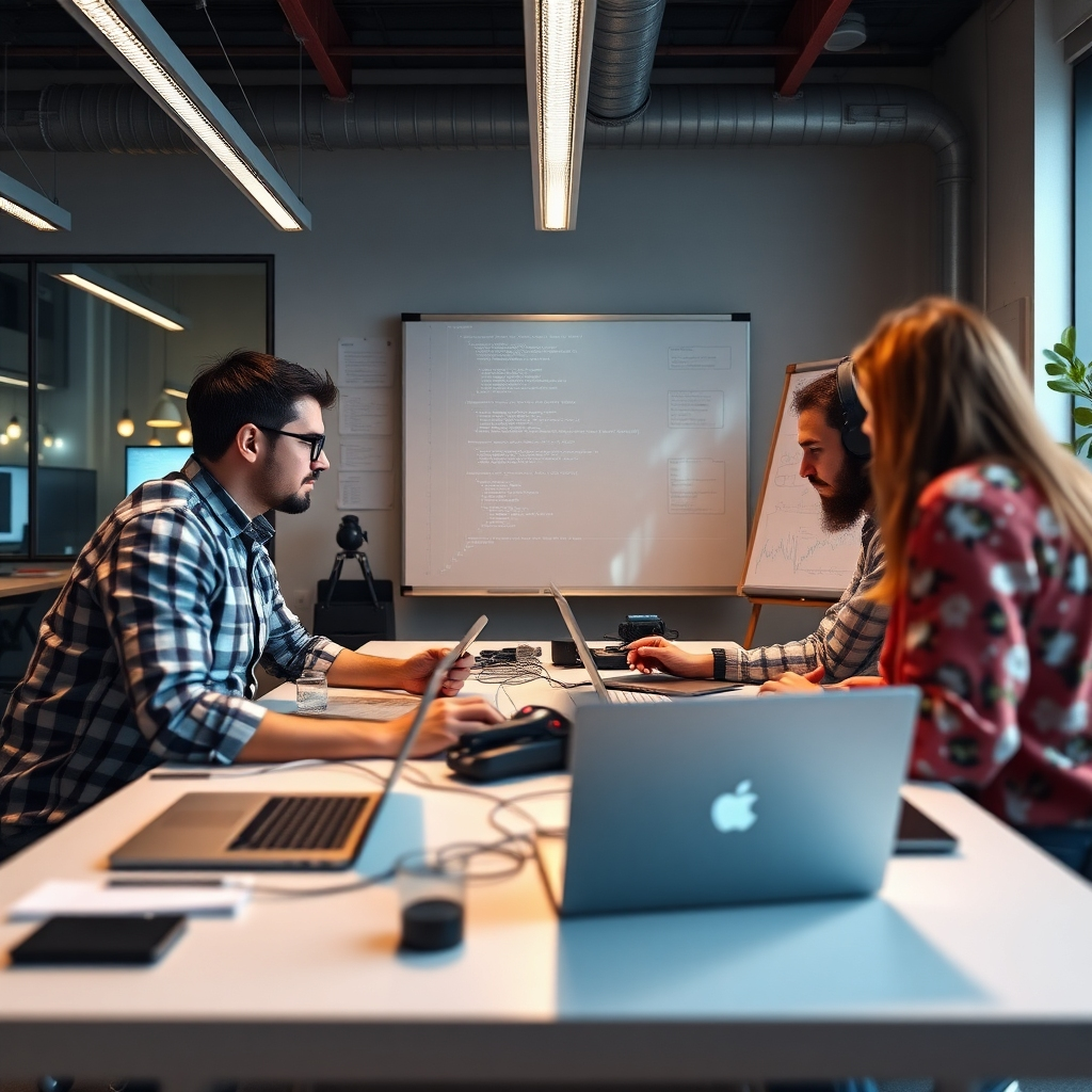 A team of software developers in a modern workspace are working collaboratively on a complex project, using laptops, code editors, and a whiteboard to brainstorm ideas and create innovative solutions. The scene should convey a sense of creativity, innovation, and technical expertise.