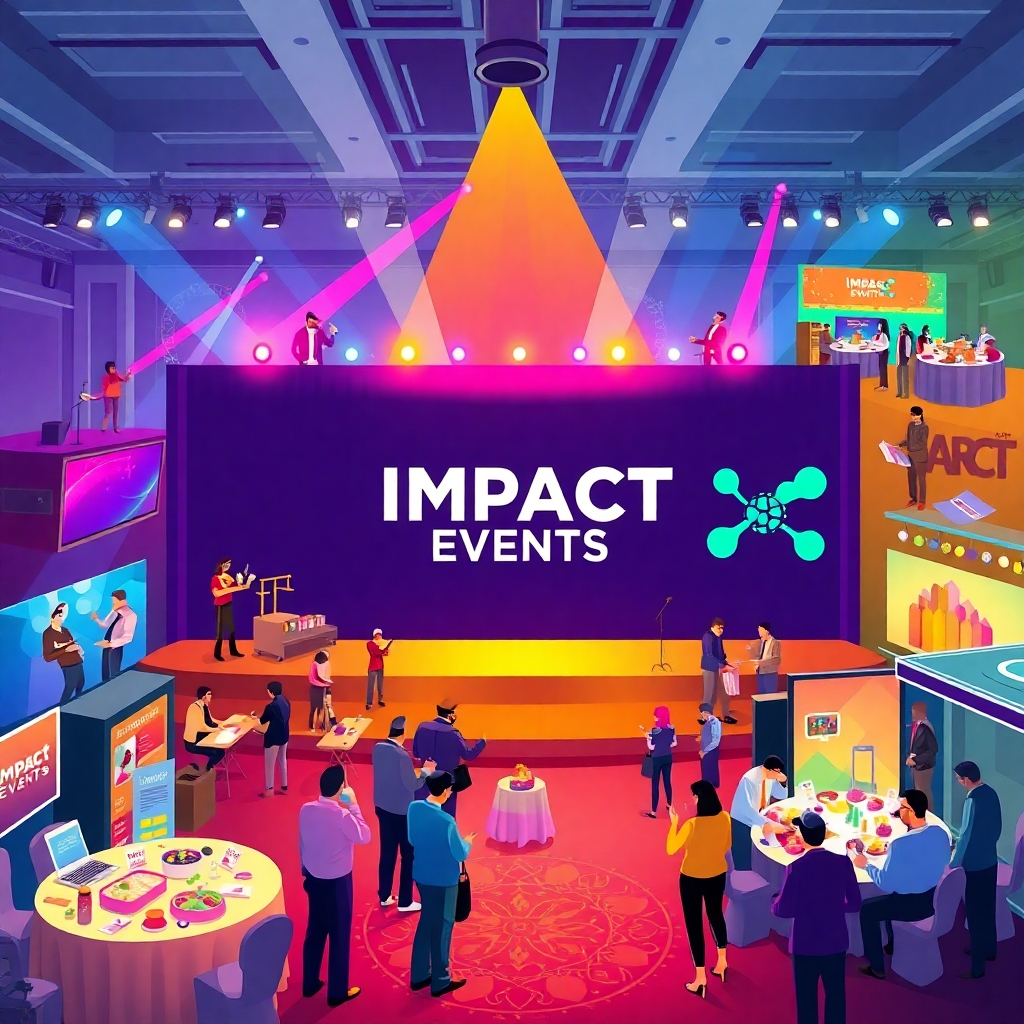 A vibrant, colorful illustration depicting a diverse range of event services: a stage with performers, a catering team preparing food, a group of people planning an event, a venue with decorations, and marketing materials, all connected by a central theme of 'Impact Events' logo.