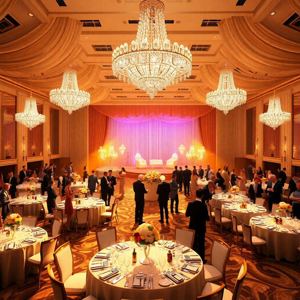 A wide-angle shot of a lavish event space, with a grand ballroom featuring crystal chandeliers, elegant drapery, and a beautifully set stage. The room is filled with guests mingling and enjoying drinks and hors d'oeuvres. The scene should be vibrant and celebratory, with soft, warm lighting casting a golden glow. Focus on the intricate details of the event design, including floral arrangements, table settings, and luxurious seating. The mood should be sophisticated and elegant, emphasizing the meticulous planning and attention to detail. Render in an ultra-realistic style, showcasing rich textures and vibrant colors. Aim for an 8K resolution image with sharp details and a cinematic depth of field.