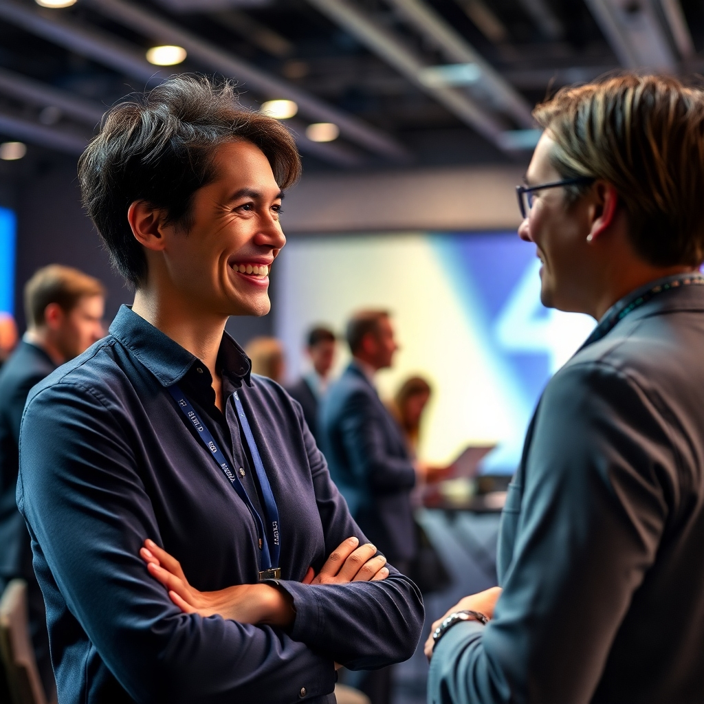 An image of a friendly and professional event coordinator interacting with a client, demonstrating a genuine smile and active listening skills. In the background, a team of event professionals are working diligently to ensure a smooth event operation. The image should convey a sense of trust, professionalism, and collaborative spirit.