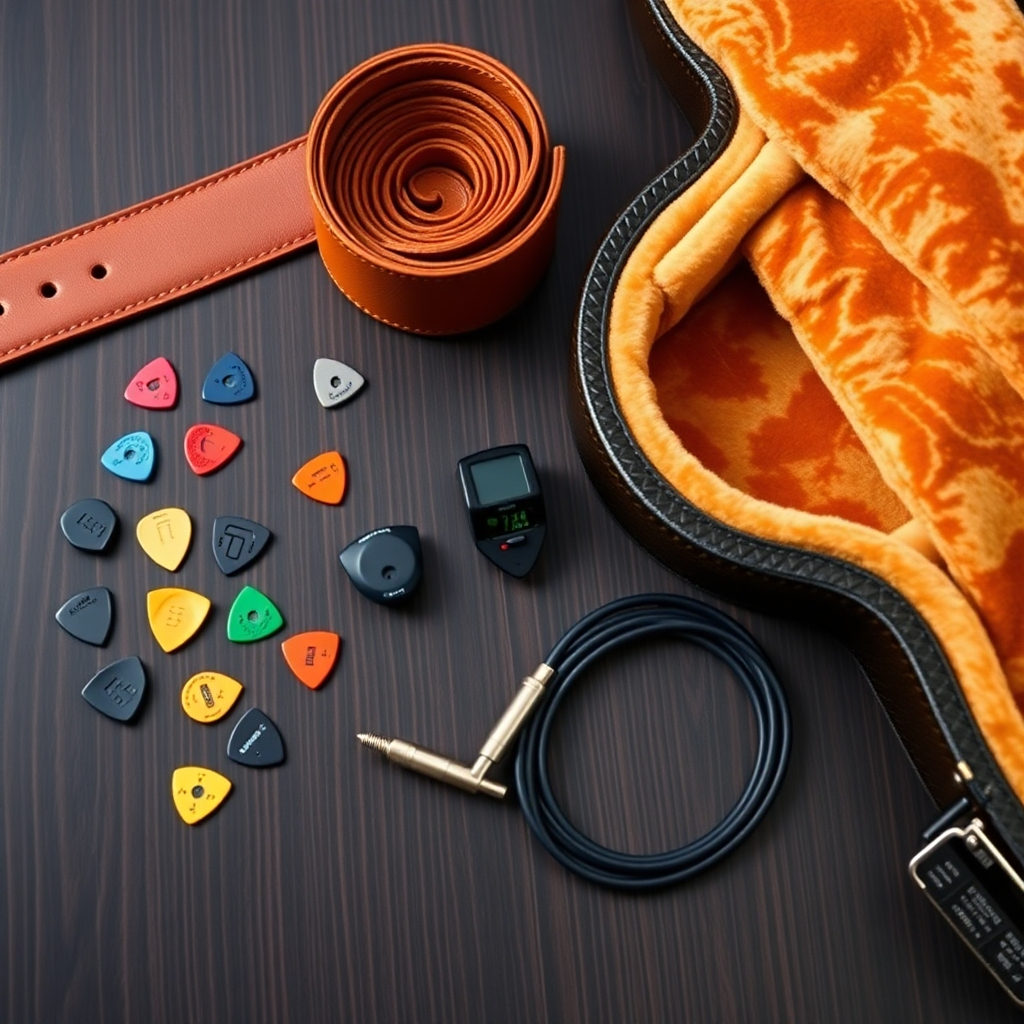 A flat lay showcasing a collection of high-quality guitar accessories.  Include various guitar picks, a leather guitar strap, a chromatic tuner, a high-end instrument cable, and a hard-shell guitar case with the latches open, showing the soft interior. The background is a dark wooden surface.