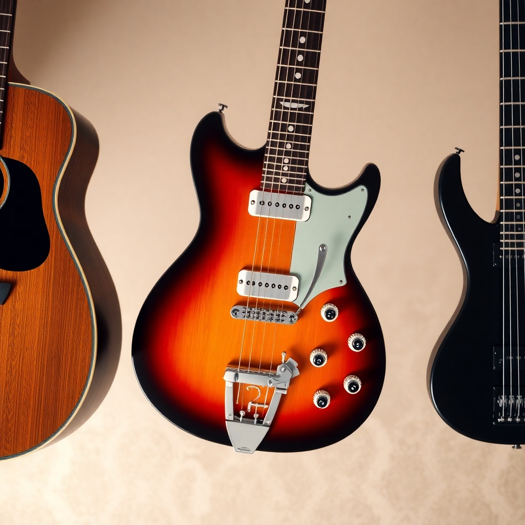A high-angle, close-up shot of three different guitars: an acoustic dreadnought, a sunburst electric guitar with a vibrato system, and a black precision bass guitar.  The guitars are meticulously detailed, showing wood grain, metal hardware, and pickguards. The background is a soft, blurred neutral tone, allowing the guitars to stand out.