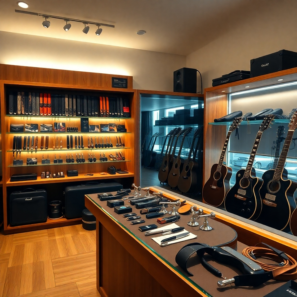 A photorealistic image in 8k resolution depicting a meticulously arranged display of guitar accessories in a well-lit music store. The composition features a variety of high-end accessories such as guitar straps, picks, tuners, capos, and cases, arranged aesthetically on sleek wooden shelves. Soft, warm lighting illuminates the scene, creating a welcoming atmosphere. The color palette features rich browns, blacks, and metallic accents, reflecting the premium quality of the products. The camera angle is slightly elevated, providing a comprehensive view of the displayed accessories. Environmental details include a polished wood floor and tasteful lighting fixtures that enhance the mood and showcase the accessories' textures. Ultra-detailed textures are essential, capturing the fine grain of the wood, the sheen of the metal, and the soft feel of leather straps. The overall mood is sophisticated and luxurious, suggesting the high quality of the products available. The image should be in the style of a high-end product photography catalog, similar to high end watch advertisements.