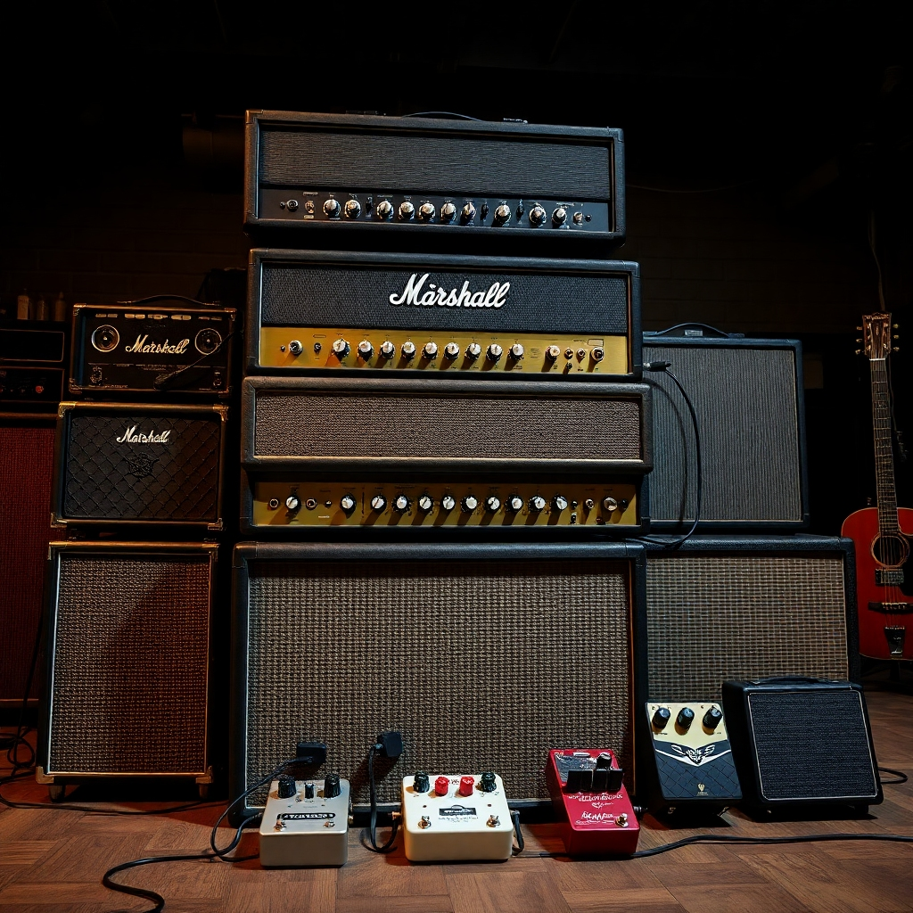A photorealistic image of a stack of guitar amplifiers, varying in size and design, with a few guitar effects pedals neatly arranged in front.  The lighting should highlight the intricate details of the amp knobs, buttons, and the pedals’ graphics. The background is a dimly lit, vintage-style music rehearsal space.