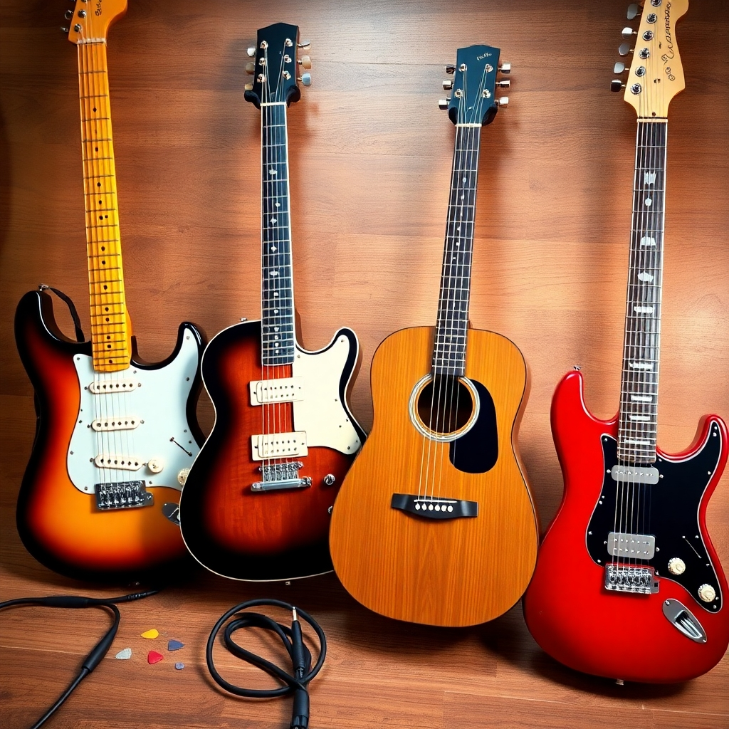 A photorealistic image showcasing a variety of guitars: a sunburst Fender Stratocaster, a Gibson Les Paul, a Martin acoustic guitar, and an Ibanez electric guitar, all meticulously arranged on a wooden background with soft, warm lighting. Include subtle background elements, such as guitar picks and cables, to enhance realism and visual appeal.